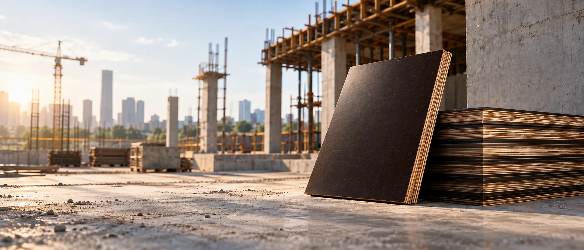 Film-faced shuttering plywood stacked at a construction site