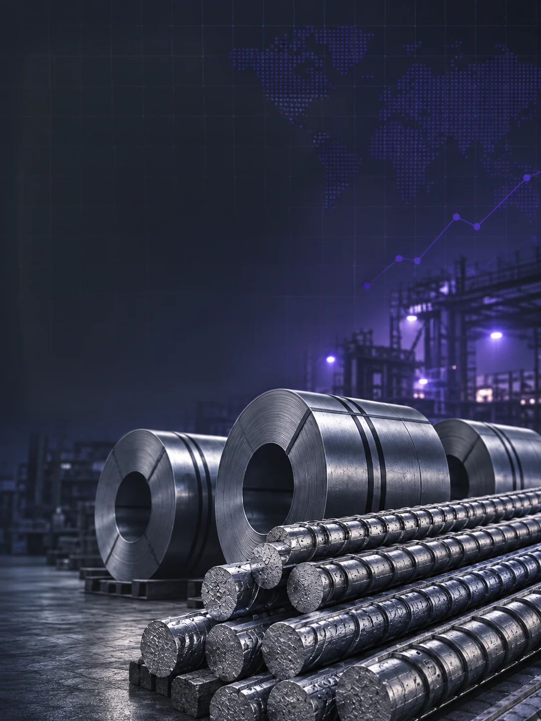 Steel coils and TMT bars in a warehouse