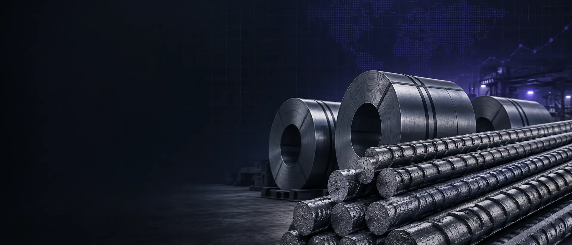 Steel coils and TMT bars in a warehouse
